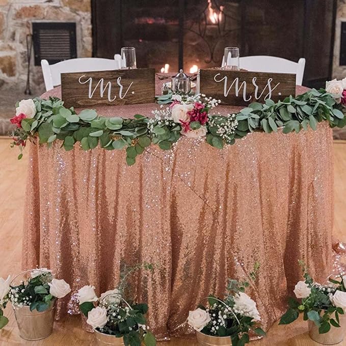 Sequin Tablecloth for Parties 132 Inch - Sparkle Glitter Cloth Round Table Cover Overlay for Wedding Baby Shower Ceremony Birthday Cake Table Holiday Banquet Decoration(Rose Gold)