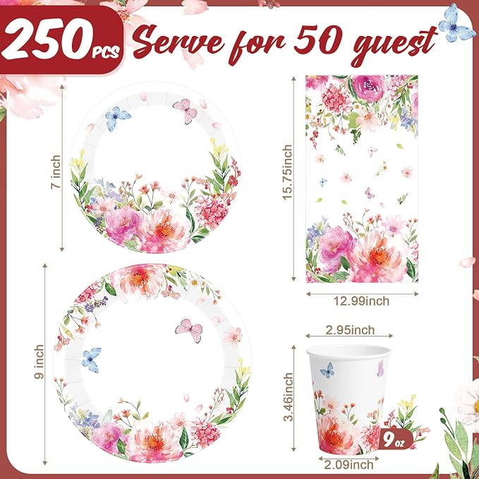 Funnymoom 250 Pcs Floral Party Decoration Wildflower Paper Plates Cups and Napkins Spring Tea Theme Flower Butterfly Tableware Set for Garden Baby Bridal Shower Wedding Party Supplies, Serves 50