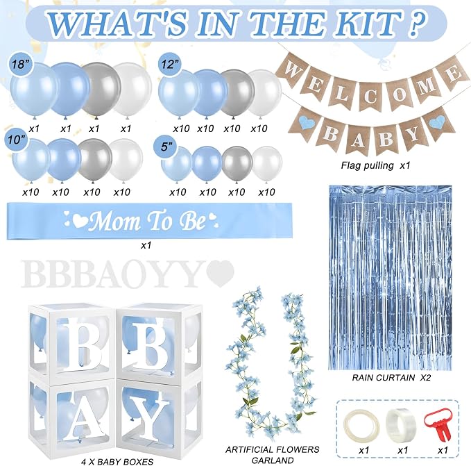 Gemscream 133 Pcs Baby Boy Shower Decorations Set, Burlap Banner, White Baby Boy Boxes, Light Blue Foil Curtains, Blue & White Garland, "Mom to Be" Sash & Balloon Arch Kit Gender Reveal Party Supplies