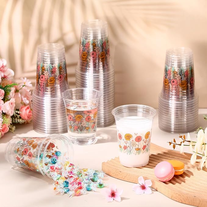 Hushee Boho Flower 60 Pcs Party Cups 16 oz Plastic Disposable Drinking Cups for Birthday Love Baby in Bloom Baby Shower Summer Fresh off The Market Bridal Shower Decorations Supplies