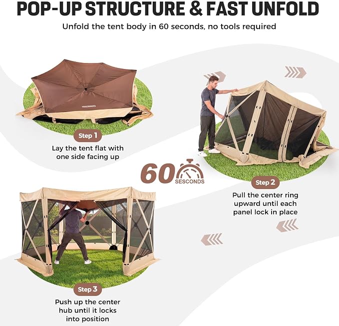 Tecoom 12x12ft 6-Sided Pop Up Gazebo Tent, Canopy Shelter Tent with Mesh Windows for Camping, Portable Large Shade Tents Removable Siedwalls for Outdoor, Garden, Lawn, and Backyard
