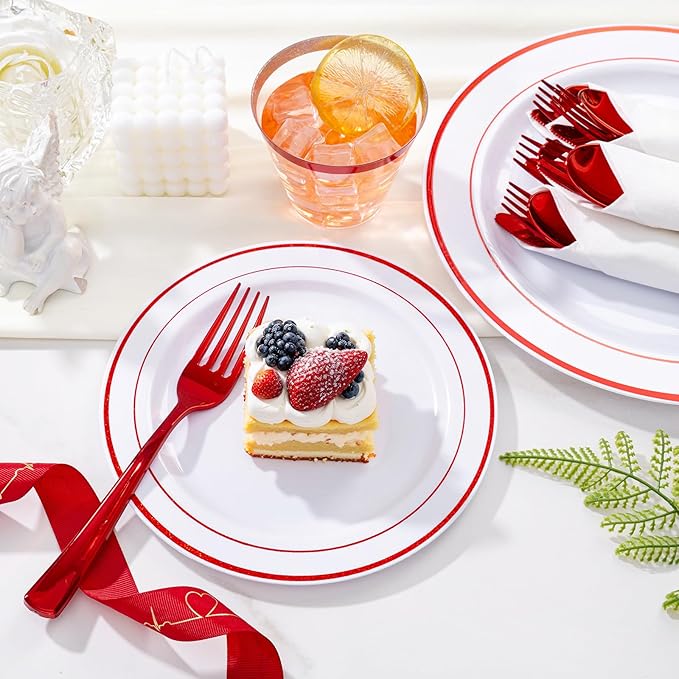 WELLIFE 700 Pieces Red Plastic Plates - Disposable Silverware and Cups, Include: 100 Dinner Plates 10.25”, 100 Dessert Plates 7.5”, 100 Red Cups 9 OZ, 100 Plastic Cutlery
