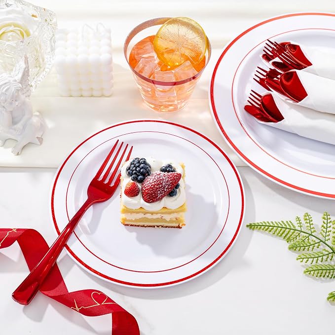 WELLIFE 350 Pcs Red Plastic Plates for 50 Guests - Plastic Dinnerware Set,Valentines Party Supplies Includes 100 Red Plates,150 Silverware,50 Napkins,50 Cups, Valentines Plates