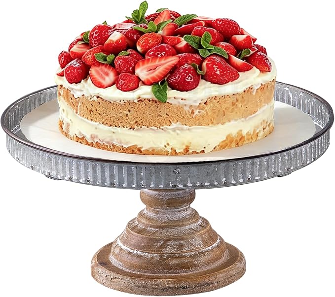 SOFE Rustic Galvanized Metal Cake Stand, Cupcake Stand Rustic Round Dessert, Appetizer Display Riser Stand with Wood Base Table Centerpiece for Wedding, Birthday, Party, Dining Room Kitchen Supplies