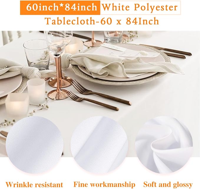 WIGENIUS 6 Pack White Table Cloth Rectangle Tablecloths 60X84 Inch,Polyester Tablecloth for 4 Foot Rectangle Tables,Wrinkle Resistant Washable Fabric Table Covers for Party,Wedding Banquet