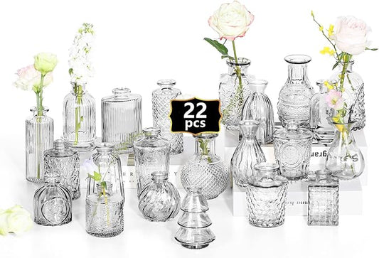 Mini Bud Vases Centerpieces for Tables,Clear Bud Vases for Flowers,Small Flower Vases Suitable for Birthday Party,Anniversary,Wedding Reception,Baby Shower (Clear, 22PCS)