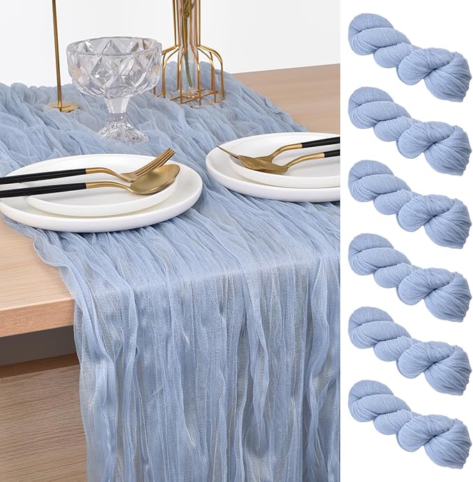 Joanlody Blue Cheesecloth Table Runner Spring Summer 10Ft Rustic Gauze Boho Cheese Cloth Table Runner for Wedding Bridal Baby Shower Decoration 6 Pack