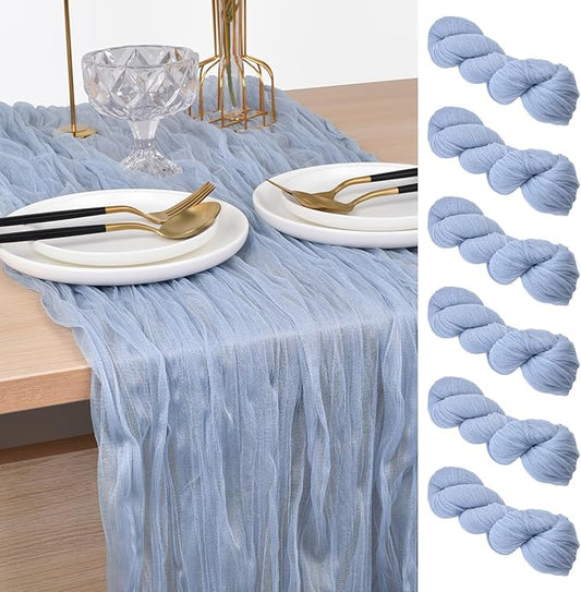 Joanlody Blue Cheesecloth Table Runner Spring Summer 10Ft Rustic Gauze Boho Cheese Cloth Table Runner for Wedding Bridal Baby Shower Decoration 6 Pack