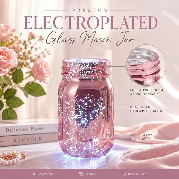 Layhit 6 Pcs Painted Mason Jars Colored Painted Mason Jars Centerpiece for Table with 6 Pcs 9.84 ft 30 LED Operated Fairy Lights for Wedding (Light Pink)