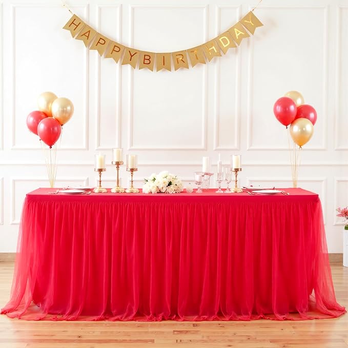 Suppromo Red Tulle Tablecloth for 4 Foot Rectangular Tables, 48 x 24 Inch Red Rectangle Table Cloth, Wrinkle Free Table Cover with Tutu Skirt for Wedding Birthday Party Banquet Tablecover