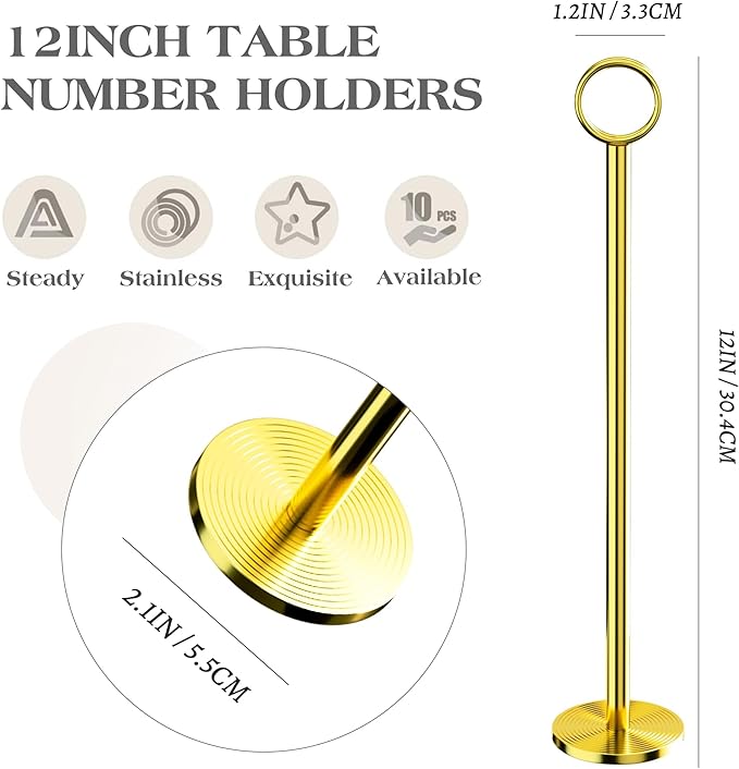 Urban Deco 12PK Table Number Holders Place Card Holders 12 Inch Table Card Holders Steel Card Holders for Photos, Food Signs, Memo Notes, Weddings, Restaurants, Birthdays（Gold）
