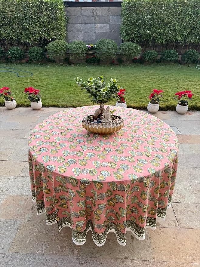 Ridhi Round Tablecloth Hand Block Print 100% Cotton Reusable Salmon Pink 110 Inch Table Cover Decorative Everyday Use for Dining, Home, Party, Wedding, Farmhouse, Party Gift for Spring, Mother's Day