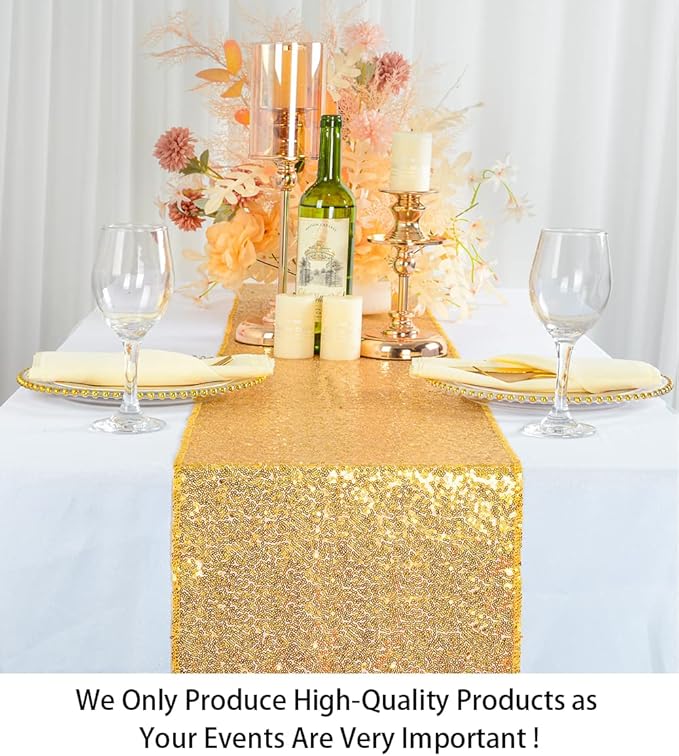 ShinyBeauty 15 Pack Gold Sequin Table Runners 12x108 inches Long - Sparkly Glitter Table Linens for Wedding, Party, and Elegant Events