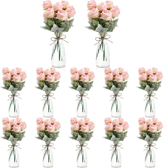 Zeyune 36 Pack Artificial Flowers Centerpiece with Vase Bulk for Wedding Table 24 Bundles Silk Floral Faux Rose Bouquet with 12 Plastic Vase for Bridal Shower Table Decor(Light Pink)