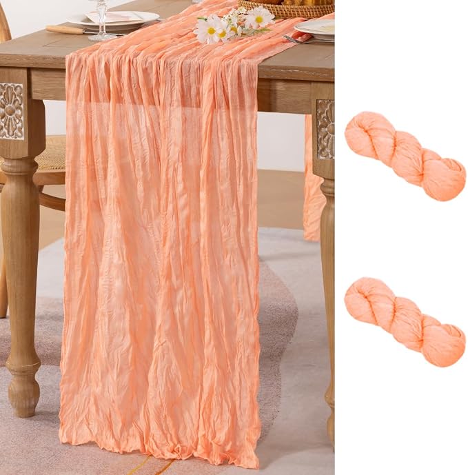 MLMC 2 Pack Peach Pink Cheesecloth Table Runner 10ft Sheer Gauze Coral Cheese Cloth Table Runner Summer Dinning Decoration 35x120 Inches for Wedding Bridal Baby Shower Party Decor