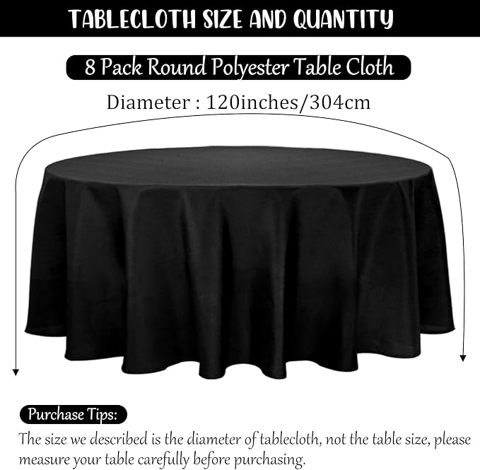 Fivenl 8 Pack Premium Round Tablecloth 120 Inch Round Table Covers Washable Polyester Fabric Round Table Clothes for Wedding Party Reception Banquet Buffet Restaurant (Black, 120 Inch)