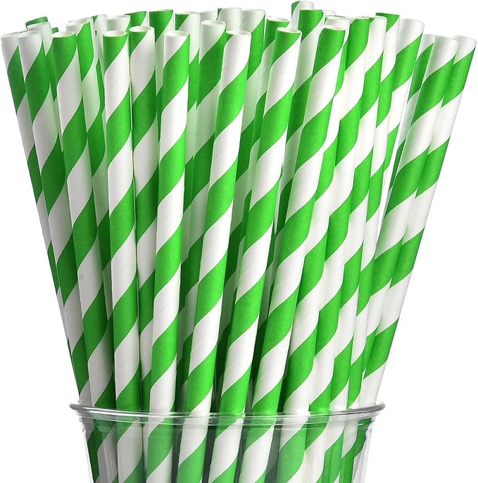ALINK 100 Green and White Striped Paper Straws, Biodegradable Disposable Drinking Straws for Smoothie, Brithday, New Year, Party Decoration Supplies