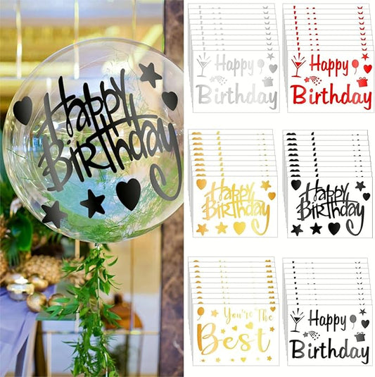Estune 60 Sheets Happy Birthday Balloons Stickers Birthday Party Supplies Clear Bobo Balloon Stickers Gift Decoration Decals for DIY School Party Supplies, Gold Black