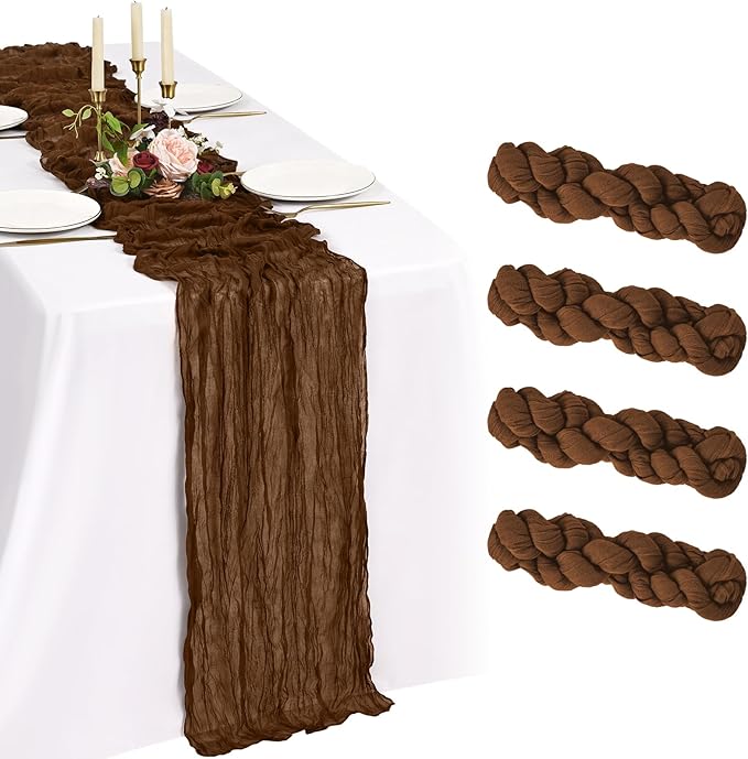 4 Pack Cheesecloth Table Runner 10FT Brown Table Runner Boho Gauze Cheese Cloth Table Runners Long Rustic Sheer Table Decorations for Wedding Party Baby Bridal Shower Birthday Holiday Home