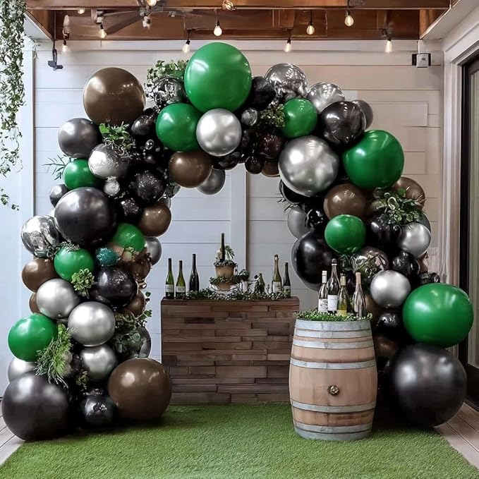 Black Green Balloon Arch Double Stuffed Latex Dark Green Brown Silver Balloon Garland for Camo Birthday New Year Hunting Jungle Boy Baby Shower Anniversary Prom Praty Decor