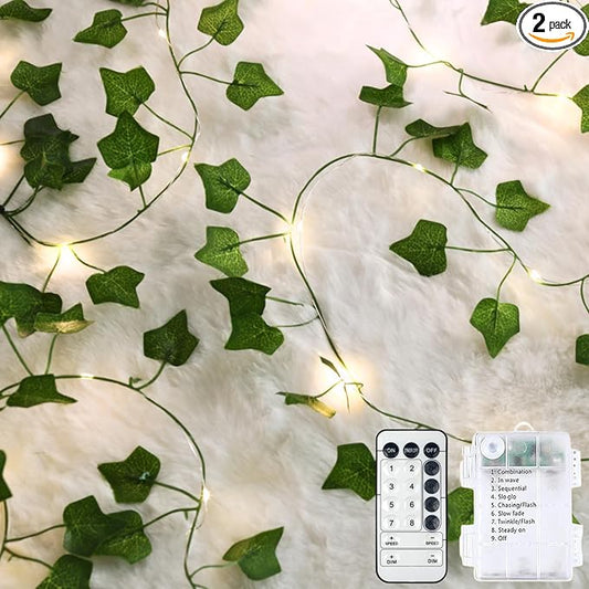 2 Pack Vines with Fairy Lights 40ft 120 LED Ivy String Lights USB Plugin & Battery Operated Leaf Lights with Timer 8 Modes Remote Decorative Light for Bedroom Wedding Party - Warm White