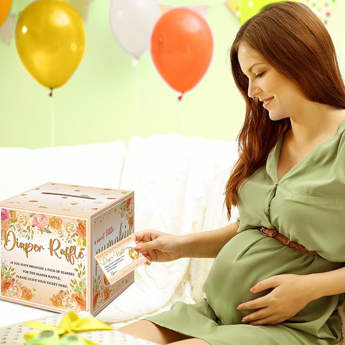 Teling 51 Pieces Diaper Raffle Tickets with Card Box Baby Shower Decorations Baby Shower Holder Box for Girl Boy Diaper Raffle Party(Pumpkin)