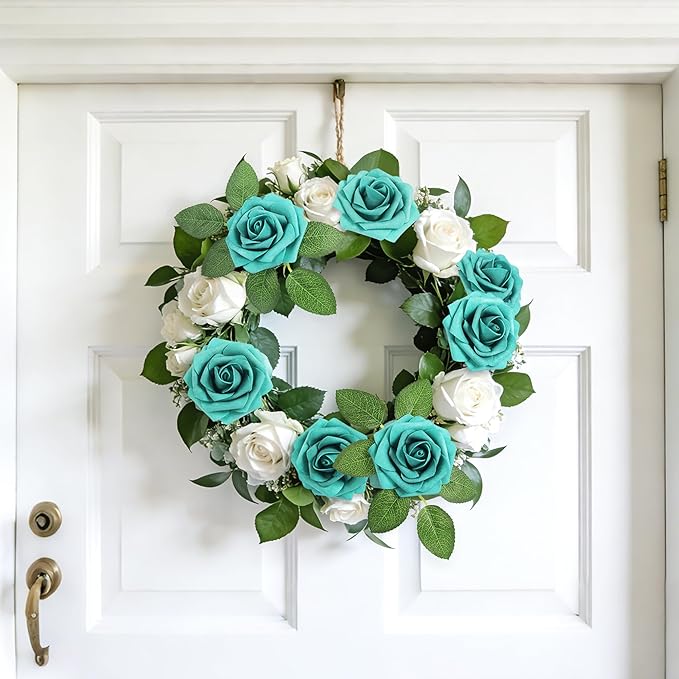 Mocoosy 50Pcs Rose Artificial Flowers, Teal Green Fake Roses for Decorations, Real Touch Foam Roses Bulk with Stem DIY Wedding Bouquet Mother's Day Floral Arrangement Bridal Shower Party Home Decor