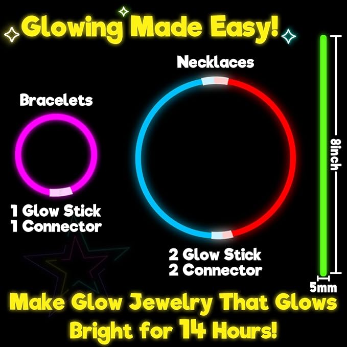 TURNMEON 960 Pack Ultra Bright Glow Sticks Bulk Glow In The Dark Party Supplies Necklace Bracelet with Connector 8" Light Up 14Hrs Long Last Party Favors Toy Birthday Wedding Pool Patriotic