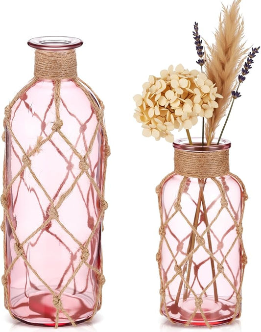 Chuangdi Set of 2 Coastal Glass Vases for Flowers TSITP Flower Vase with Boho Rope Small Sea Glass Jar Nautical Beach Bottle for Wedding Table Centerpieces Floral Arrangement Decor(Pink)
