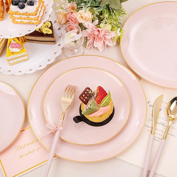 DaYammi 150Pcs Pink Plastic Plates with Gold Rimmed,Heavy Duty Plastic Plates - Pink Disposable Plate Included 30 Dinner plate,30 Dessert plate,30 Knives,30 Forks,30 Spoons for Mother's Day Party