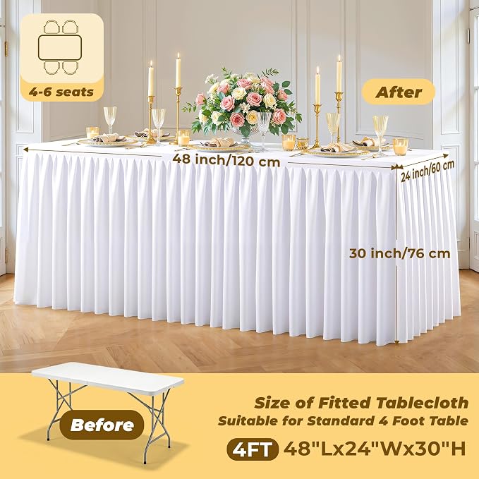 White Polyester Table Cloths for Rectangle 4 Foot Tables, 1 Pack Wrinkle Free Tablecloths Stretchy Banquet Ruffle Fitted Table Cover Desk Skirt for Parties Wedding Birthday Baby Shower