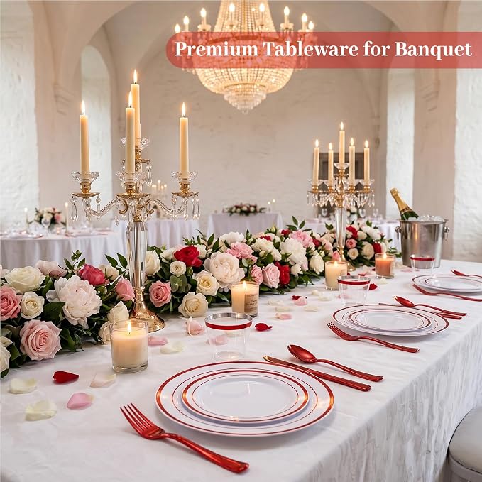 DaYammi 210PCS Red Plastic Dinnerware Set Red Plates Disposable Disposable Plates for Party Include: 30 Dinner Plates,30 Dessert Plates,30 Pre Rolled Napkins with Silverware,30 Cups for Wedding