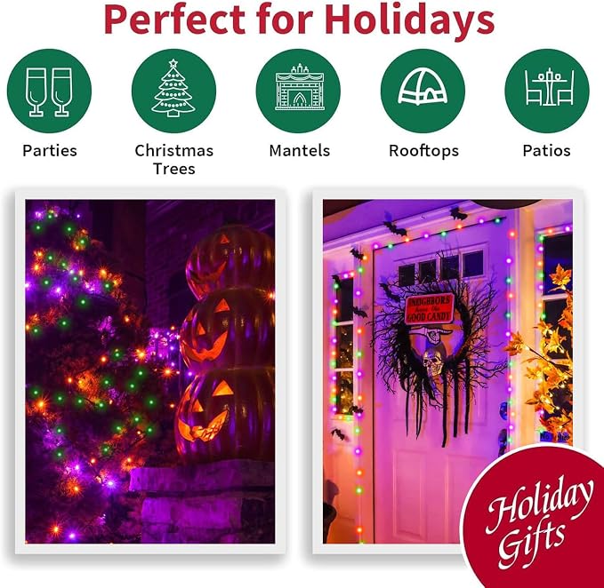 LAMPHOME 165ft Halloween Lights, 500 LED Transparent Wire Fairy Starry String Light Plug in, 16Lighting Modes for Indoor Outdoor Xmas Tree Wedding Party Decoration (Orange Purple Green)