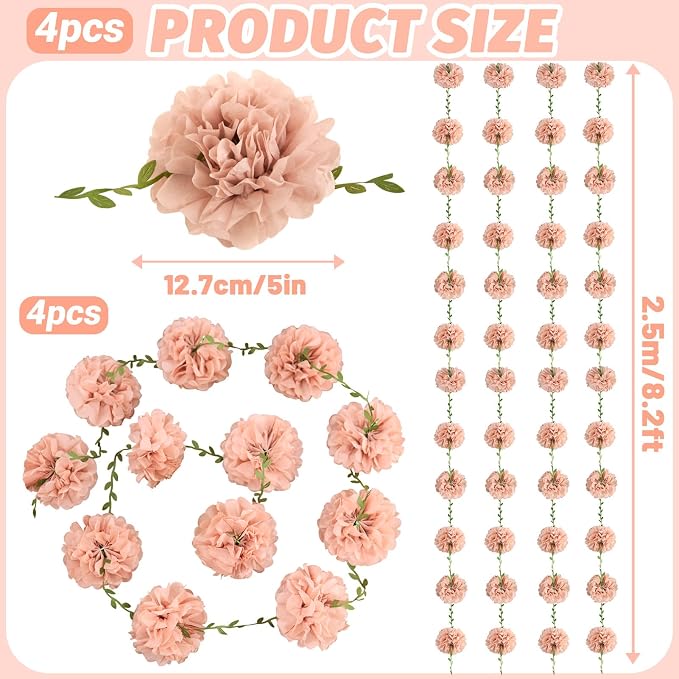 Homarkable Pink Tissue Paper Pom Pom Garlands, Paper Flowers for Birthday Decorations, Baby Shower, Wedding Engagement, Bridal Shower, Spring Summer Party Decorations, 4 Pcs