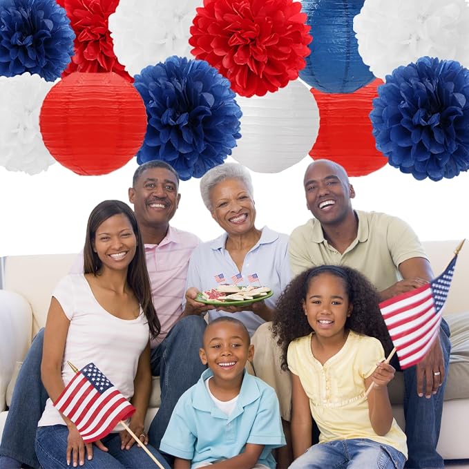 Fourth-4th Of July Imemorial-Day Party-Decorations - 15pcs Red White Blue Paper-Flowers Lanterns,Patriotic Graduation Tissue Pom Poms Streamers,Independence Veterans Hanging Supplies Decor Hugfond