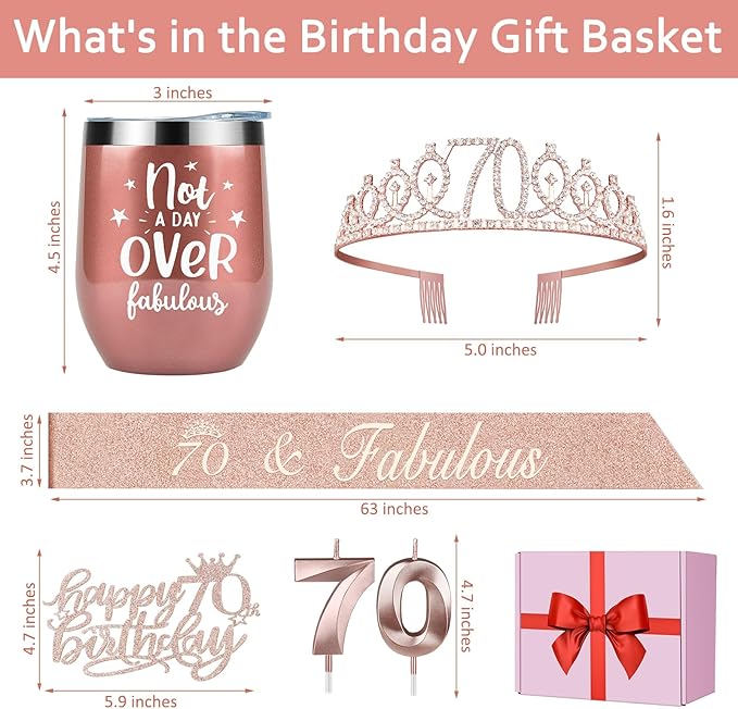 70th Birthday Decorations for Women with 70th Birthday Sash and Crown, Cake Topper and Candles, 12oz Wine or Coffee Tumbler Mug with Lid, 70 Year Old Gifts for Women