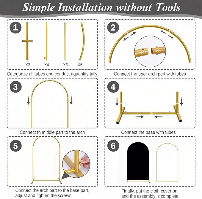 Arttown 7.2FT Gold Metal Arch Backdrop Stand and Black Arch Cover Set Suitable for Wedding Celebrations Birthday Parties Baby Showers Graduation Ceremonies Event Decoration