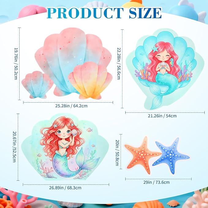 Honoson 4 Pcs Large 30" Small Mermaid Princess Birthday Cardboard Cutouts Standup, Ocean Shell Starfish Photo Backdrop Props for Princess Theme Mermaid Party Decorations