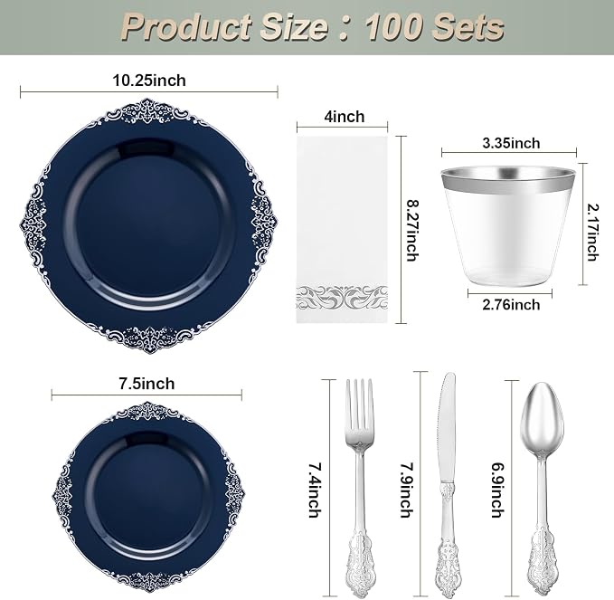 Bestluck 700PCS Navy Blue Plastic Plates for 100 Guests, Disposable Plates with Silver Trim include 100 Dinner plates, 100 Dessert Plates, 100 Gold Silverware, Cups and Napkins for Party, Graduation