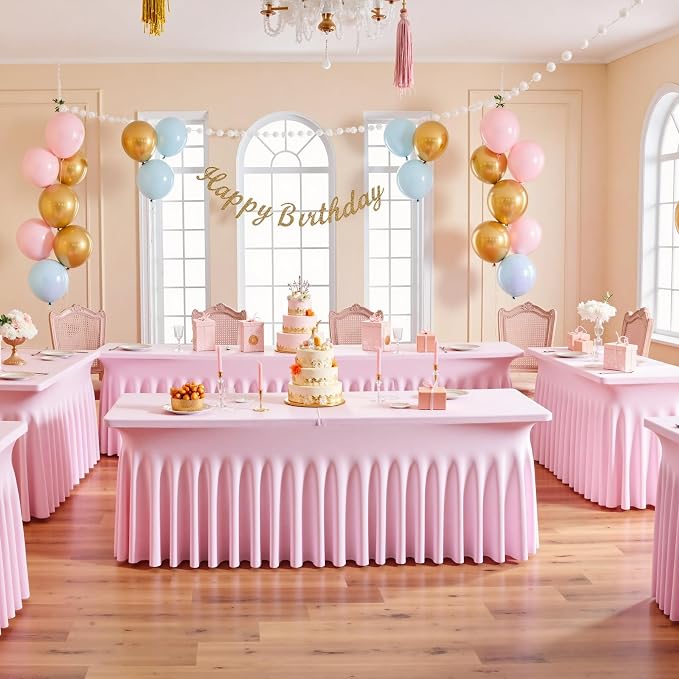 NSSONBEN 2 pk Baby Pink Spandex Tablecloth 6ft with Ruffle Table Skirt, Wrinkle Free Stretchy Fitted Tablecloths for 6 Foot Rectangle Tables, Elastic Spandex Table Covers for Weddings Parties Banquet