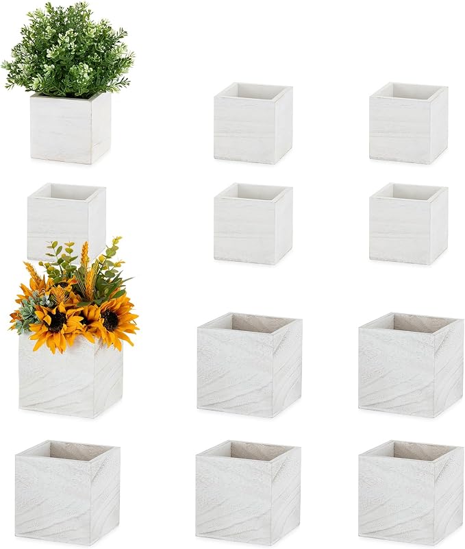 NUPTIO Wooden Box for Centerpiece Wedding: 12 Pcs Rustic Square Planter Box Farmhouse Table Fall Decor - 4×4" & 5×5" Whitewashed Small Wood Vases Flower Pots for Windowsill Home Garden