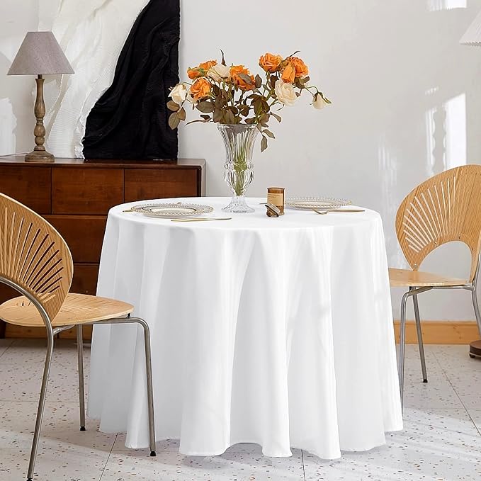 4 Pack 90 Inch White Round Polyester Tablecloths - Wrinkle & Stain Resistant, Ideal for Weddings, Banquets, Parties