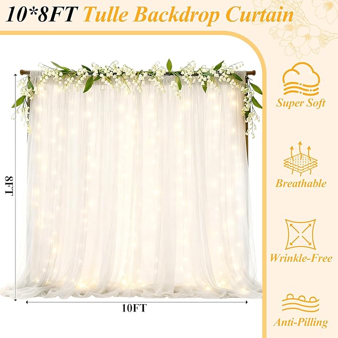 Ledido 2 Pack 10×8ft White Tulle Backdrop Curtains with Lights String - 600LED Fairy Lights Sheer Curtain Backdrop for Wedding Baby Shower Photo Shoot Birthday Party Decoration(4 Panels 5×8ft)，White