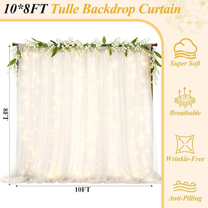 Ledido 4 Pack 10×8ft White Tulle Backdrop Curtains with Lights String - 1200LED Fairy Lights Sheer Curtain Backdrop for Wedding Baby Shower Photo Shoot Birthday Party Decoration(8 Panels 5×8ft)，White