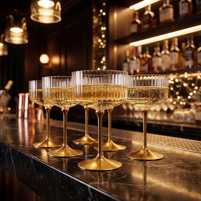 LIYH 20pcs Plastic Martini Glasses Disposable 10 Oz Clear and Gold Plastic Cups Coupe Glasses Cocktail Champagne Tower Perfect for Any Party, Bar, Beverage