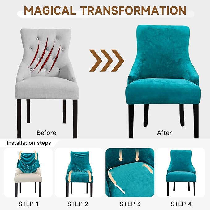 Velvet Wingback Dining Chair Cover Soft Stretch Accent Chair Cover Slipcover Thick Plush Wing Back Chairs Covers Furniture Protect Washable Chairs Protector Covers for Dining Room (Peacock Blue, 4)