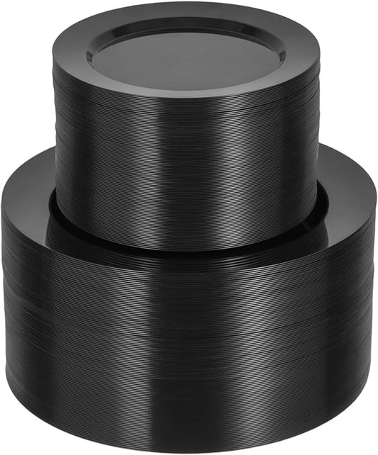 Goodluck 200PCS Black Plastic Plates, Heavy Duty Disposable Black Plates with 100 10.25 inch Dinner Plates and 100 7.5 inch Dessert Plates for Party, Holiday, Wedding