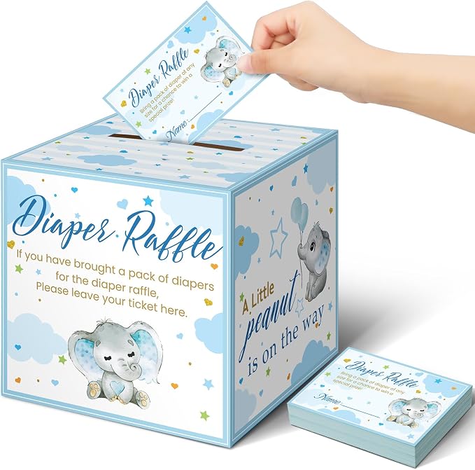 Teling 51 Pieces Diaper Raffle Tickets with Card Box Baby Shower Decorations Baby Shower Holder Box for Girl Boy Diaper Raffle Party(Blue Elephant)