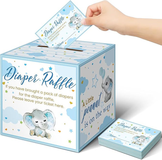 Teling 51 Pieces Diaper Raffle Tickets with Card Box Baby Shower Decorations Baby Shower Holder Box for Girl Boy Diaper Raffle Party(Blue Elephant)