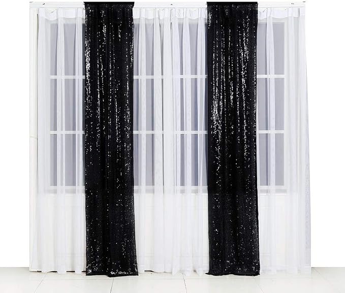 SquarePie 2 PCS 2x8ft Black Sequin Backdrop Curtains, Satin-Backed Shimmering Photo Booth Background, 2 Panels Narrow Real Sequin Drapes with 4" Rod Pocket for Party, Baby Shower, Doorway Decor